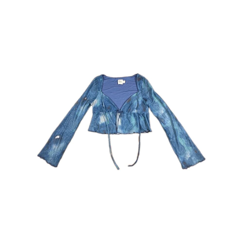 Princess Polly Women's Tie Dye Tie-Front Flared Sz 6 Long Sleeve Crop Top Blue